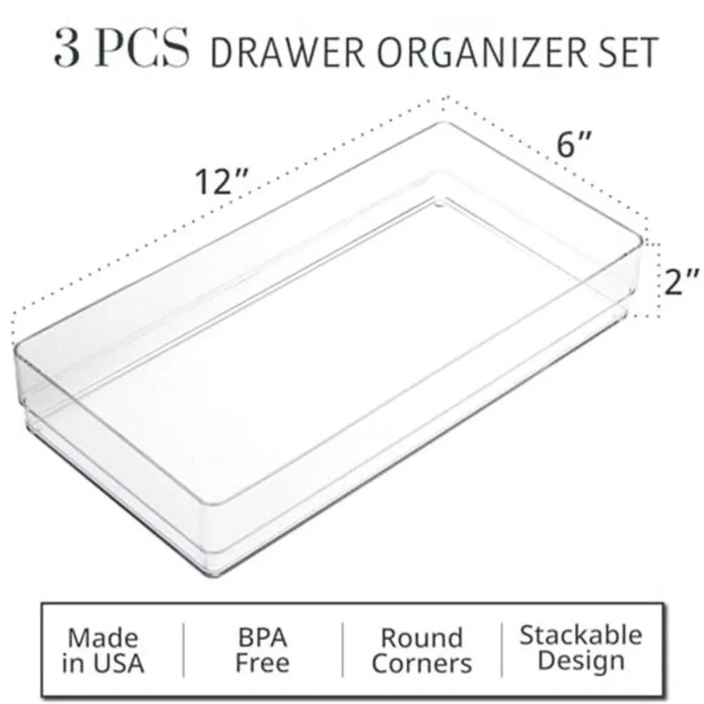 Clear Drawer Organizer Set 3 Piece Stackable Makeup Vanity Desk Storage Bins